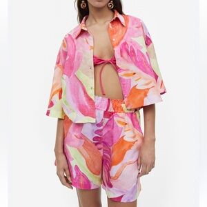 H&M Pink Tropical Leaf Linen Blend 2 Piece Set
